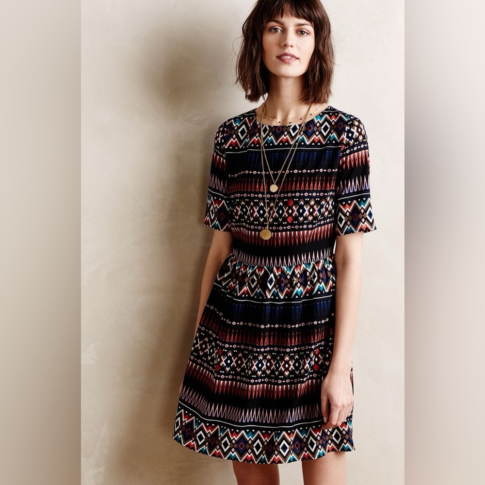 Anthropologie Maeve‎ Diamond Layer Fit and Flare Dress Black Multicolor Size M